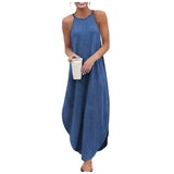 Amfeov Summer Halter Neck Sling Dress Round Neck Sleeveless Solid Denim Dress For Women 2024 Holiday Loose Long Dresses Female Clothing