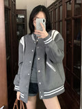 Black Friday Amfeov Grey Bomber Jacket Contrast Color Long Sleeve Coat Women Winter Jacket Korean Preppy Style Baseball Uniform Clothes Chic