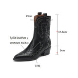 Amfeov Autumn Boots Women Pointed Toe Chunky Boots Split Leather Shoes for Women Winter Plus Size Western Boots Embroidery Cowboy Boots