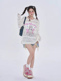 Black Friday Amfeov Anime Women Sweater Oversize Spider Web Mesh Long Sleeve Top Y2k Kawaii Rabbit Embroidery Korean Style Cutecore Clothes