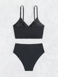 Amfeov Sexy High Waist Bikini Summer Women Beach Bikini 2-piece Swimsuit Bathing Suit Backless Swimwear Black V-neck Swimwear