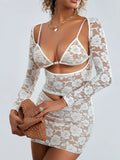 Amfeov Women 2 Piece Lace Outfit Sexy Long Sleeve Holllow Out Top with Bra and Mini Bodycon Skirt Clothes Set for Summer Nightclub Y2K