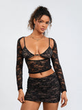 Amfeov Women 2 Piece Lace Outfit Sexy Long Sleeve Holllow Out Top with Bra and Mini Bodycon Skirt Clothes Set for Summer Nightclub Y2K