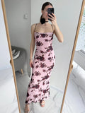 Amfeov Summer Dress Women 2024 Elegant Fashion Beach Vacation Rave Outfits Sexy Backless Lace Up Floral Print Mesh  Dress