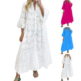 2024 Summer Casual Loose Long Dress For Women V-Neck Full Sleeve Maxi Dress Ladies Fashion Hollow Out Dresses Female Clothing