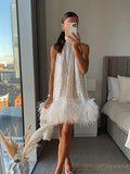 Back To School Amfeov Elegant White Sequins Feather Hem Mini Dress Women Sexy Off Shoulder Loose Halter Dresses 2024 New Shiny Female Party Vestidos