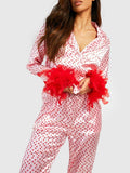 Amfeov Women Satin Pajama Set Loungewear Fall Spring Heart Print Feather Cuff Long Sleeve Lapel Buttons Tops with Long Pants Sleepwear