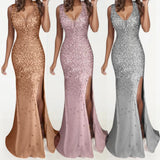 Amfeov Elegant Sequin Evening Party Long Dress Women Sleeveless Slim Fit Dress Female Sexy Split Luxury Gown Prom Dresses Vestidos