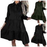 Casual Women‘s Solid Shirt Midi Dress Spring Summer Turndown Collar Long Sleeve Knee-Length Dress Female Ruffles Button Dresses