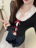 Black Friday Amfeov Sexy Off Shoulder Knitwear Women Black Hollow Out Sweater with Bow White Lace Vest Spring Autumn Korean Fashion Clothes