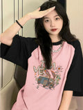 Back To School Amfeov Pink Patchwork Print Women T Shirt Y2k O-neck 100% Cotton Tees Harajuku Graphic Kawaii Tops Korean Aesthetic Clothes New