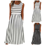 Women’s Fashion Striped Print Long Dress Summer O-Neck Sleeveless Pockets Maxi Dress Female Daily Commuter Casual Tank Dresses