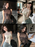 Black Friday Amfeov Y2k Sweater Vest with Bow Half High Collar Jumpers Sexy Slim Sleeveless Knitted Underwear Korean Fashion Autumn Winter