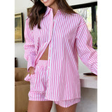 Back To School Amfeov Women's Summer 2 Pieces Striped Outfits Long Sleeve Loose Button Down Lapel Shirts+Drawstring Waist Loose Shorts Set