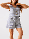 Amfeov Women Striped 2 Pieces Short Sets Summer Loose Fit Sleeveless Button Up Tank Tops Elastic Waist Shorts Outfits Lounge Streetwear