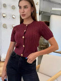 Black Friday Amfeov Angora Red Single Breasted Twist Knitted T-Shirt Short Sweater Top Women‘s Casual Chic Solid Slim Short Sleeve Top Female