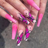 Amfeov Nail Inspo 2024 Summer 24Pcs/Box Long French False Nail Ballerina Fake Nails Pink Butterfly Pattern Square Nail Decal False Nails Press On Nail Tips