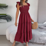 2024 Summer Solid Tank Long Dress For Women Square Collar Sleeveless A-Line Maxi Dress Backless Slim Waist Pleated Beach Dresses