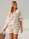 Amfeov Women Pajamas Set 2 Pieces Loungewear Suits Summer Striped Contrast Color Button Crochet Knit Tops and Shorts Lounge Sets Beach