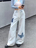 Back To School Amfeov Blue Jeans Plus Size Women Y2k Fashion Loose Butterfly Patchwork Causal High Waist Denim Pants Streetwear Retro Bottoms