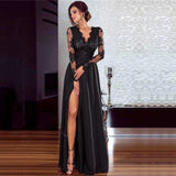 Amfeov Women‘s Sexy Evening Party Lace Embroidery Long Dress Summer V-Neck Long Sleeve Maxi Dress Ladies Pleated High Split Dresses