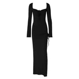 Amfeov Sexy Split Long Sleeved Slit Slim Dress Women Square Collar High Waist Bodycon Backless Dresses Cut Out Bandage Black Maxi Dress