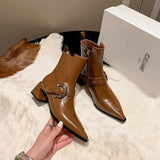 Amfeov NEW Autumn Women Boots Split Leather Shoes for Women Pointed Toe Chunky Heel Shoes Zipper Short Boots Belt Buckle Modern Boots