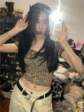 Back To School Amfeov Y2k Leopard Print Crop Top for Girls Coquette Tights Square Collar T-shirts Women Summer Fashion Aesthetics Harajuku Tee