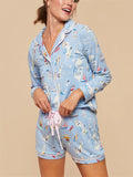 Amfeov Women’s 2 Piece Pajama Sets Prints Summer Shorts Outfits Long Sleeve Lapel Button Up Tops+Drawstring Shorts Lounge Set Sleepwear