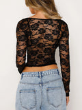 Amfeov Women 2 Piece Floral Lace Tops Low Cut Sheer Long Sleeve Pullovers Fitted Crop Shirt with Bra Summer Outfits Club Streetwear Y2K