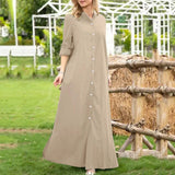 Amfeov Women's Long Shirt Dress Vintage Casual Solid Stand Collar Long Sleeve Dresses Elegant Simple Loose Singel-Breasted Maxi Dress