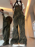 Amfeov Jumpsuits Retro Leopard Denim Camisole Pants for Women Y2k High Waist Loose Wide Leg  2024 New Straight Trousers