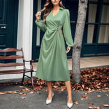 Amfeov Fashion Simple OL Mid-Calf Dress Woman Elegant High Waist V Neck Long Puff Sleeve Dresses Female Office Pleated Vestidos