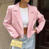 Black Friday Amfeov Pink Casual Short Blazers For Women Loose 2024 Autumn Winter New Top Long Sleeve Solid Notched Lady Fashion Blazers Coat