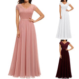 Ladies Elegant Lace Patchwork Long Dress Summer V-Neck Short Sleeve Solid Maxi Dress Women‘s Slim Waist Pleated Party Dresses