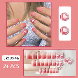 Amfeov 24pcs/set Fake Nails Gradient Pink Love Designs False Nails With Glue Short Square Cute Sweet Nail Art Press On Fake Nail Tips August Nails 2024