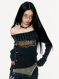 Black Friday Amfeov Y2k Vintage Striped Off Shoulder Sweater Gray Letter Print Pullover Gothic Style Long Sleeve Punk Grunge Alt Clothes 90s