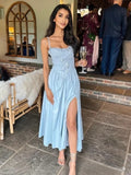 Amfeov Summer Midi Vacation Dress Blue High Split Sexy Spaghetti Strap Lace Up Dress Elegant Women Party Dress 2024