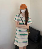 Amfeov hoco dresses-Korean Age Reduction Contrast Stripe Women Dress Summer Short Sleeve Loose Polo Collar Dresses Preppy A Lnie Knitted Mini Dress