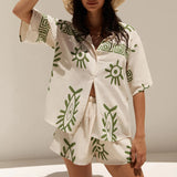 Back To School Amfeov Women’s Summer Casual Loose 2Pcs Outfits Printed Short Sleeve Lapel Collar Button Up Shirt Tops+ Shorts Set Beachwear