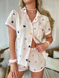 Amfeov Women's Summer Loungewear Set Cute Heart Print Short Sleeve Notched Lapel Buttons Tops with Elastic Waist Shorts 2 Pcs Sleepwear