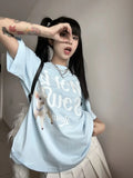 Back To School Amfeov Blue Dog Graphic T Shirts Women Short Sleeve O-neck Letter Tees Cartoon Print Tops Japan Style Cutecore Kawaii Clothes