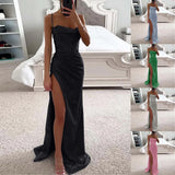 Amfeov Women's Elegant Evening Party Long Dress Summer Sleeveless Solid Maxi Dress Female Backless High Split Spaghetti Strap Dresses