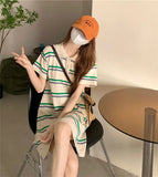 Amfeov hoco dresses-Korean Age Reduction Contrast Stripe Women Dress Summer Short Sleeve Loose Polo Collar Dresses Preppy A Lnie Knitted Mini Dress