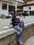 Black Friday Amfeov Navy Blue Skew Collar Sweatshirt Women Letter Print Oversized Streetwear Hoodie Wide Leg Plaid Pants Two Peice Sets Chic