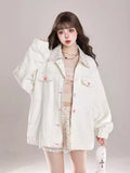 Black Friday Amfeov Kawaii Baseball Jackets for Women Lapel Patchwork Button Up Casual Top Coat Japanese Style Fashion Autumn Winter Clothes