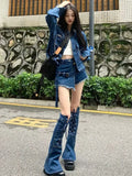 Black Friday Amfeov Streetwear Blue Cowboy Tops Coat Asymmetrical Design Lace Up Denim Mini Skirt Autumn Three Piece Sets Womens Outfits