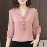 Amfeov-Women Spring Summer Style Blouses Shirts Lady Casual Three Quarter Sleeve V-Neck Ruffles decor Tops
