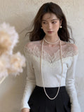 Black Friday Amfeov White Off Shoulder Knit Sweater Women Lace Transparent Mesh Long Sleeve Crop Pullovers Fairycore Aesthetics Clothes Chic