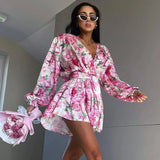 Black Friday Amfeov V-Neck Flower Printing Jumpsuit Dress For Women Elegant Draped Lace Up Long Sleeves Elastic Waist Fashion Dress Playsuits